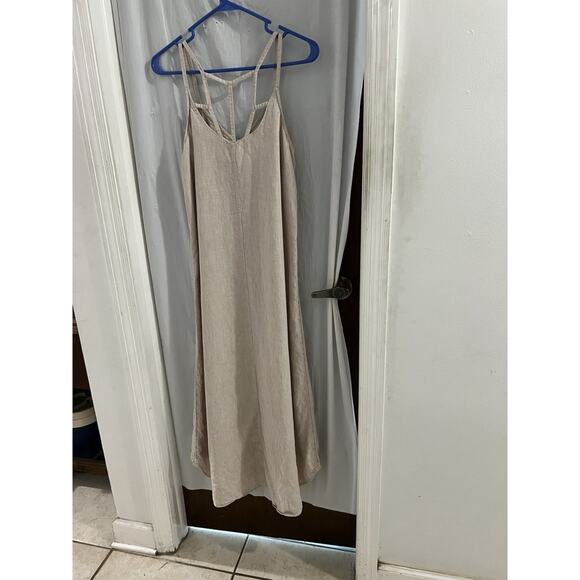 Antibes Blanc Linen Tan Strappy Maxi Slip Dress Sz M High Low Hem Beach Resort - Picture 5 of 5